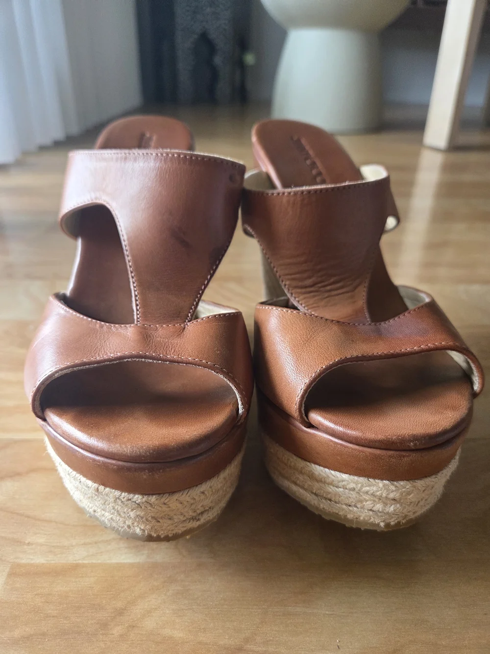 Jimmy Choo Tan Leather Espadrille Wedge Sandals